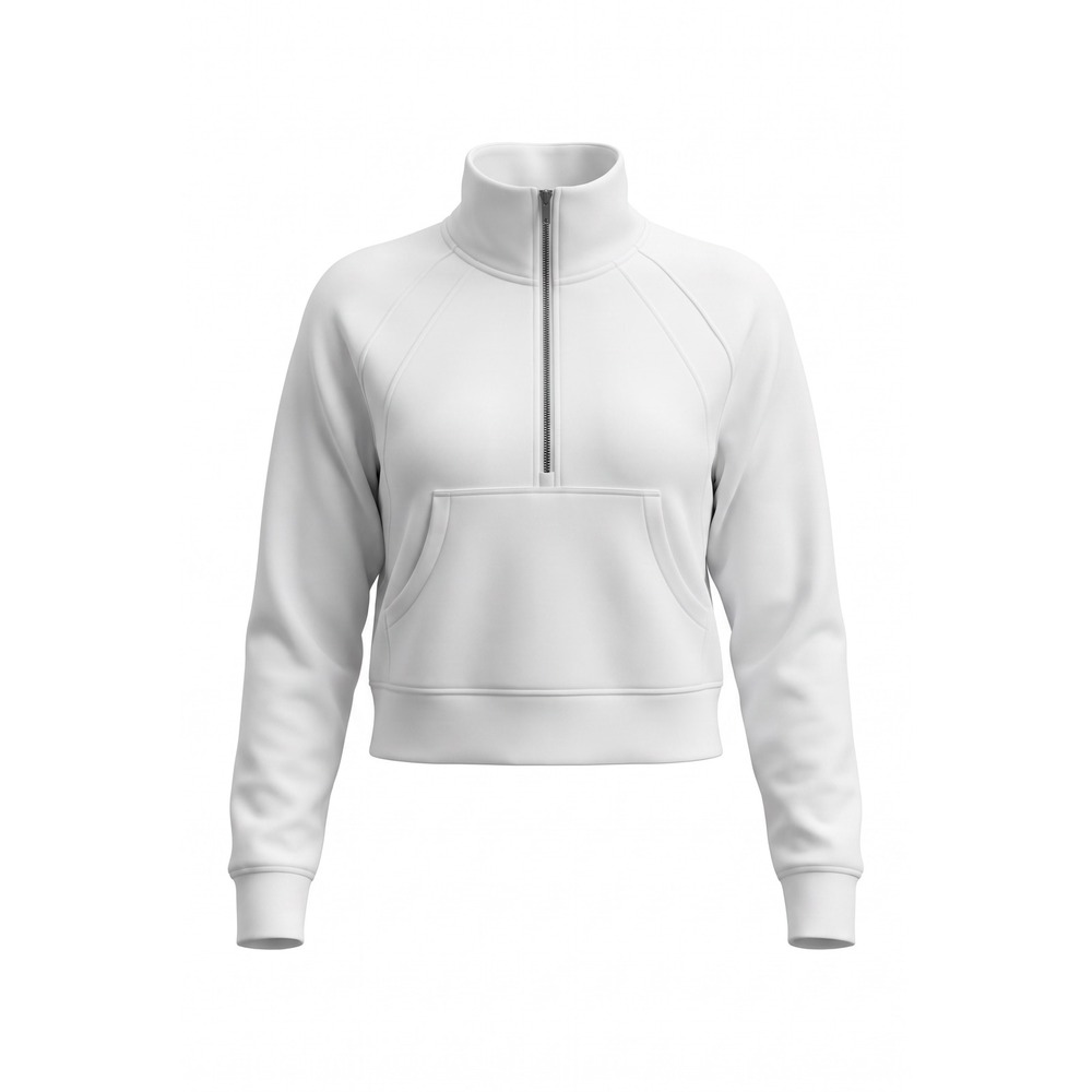 White Quarter Zip‎ Pullover Sweatshirt Cropped Funnel Neck Raglan Sleeve Size L